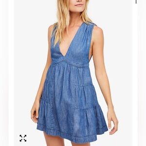 Free People ESME Cotton/Linen Denim Midi Dress XS Blue